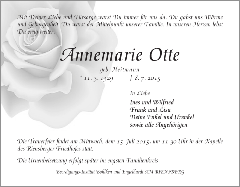 Traueranzeige von Annemarie Otte von WESER-KURIER