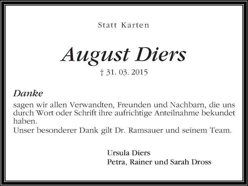 Traueranzeige von August Diers von Die Norddeutsche