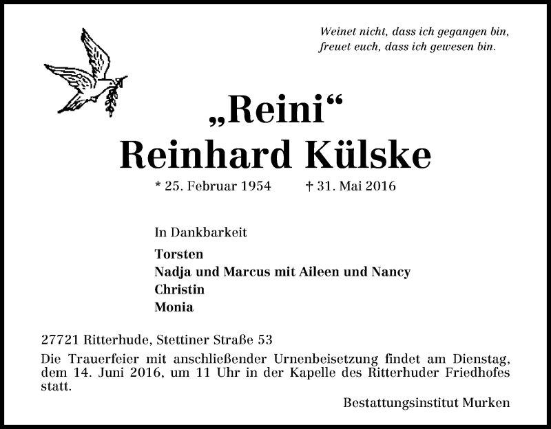 Traueranzeige von Reinhard Külske von Osterholzer Kreisblatt