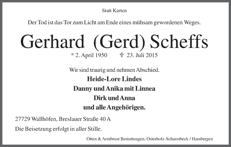 Traueranzeige von Gerhard Scheffs von Osterholzer Kreisblatt