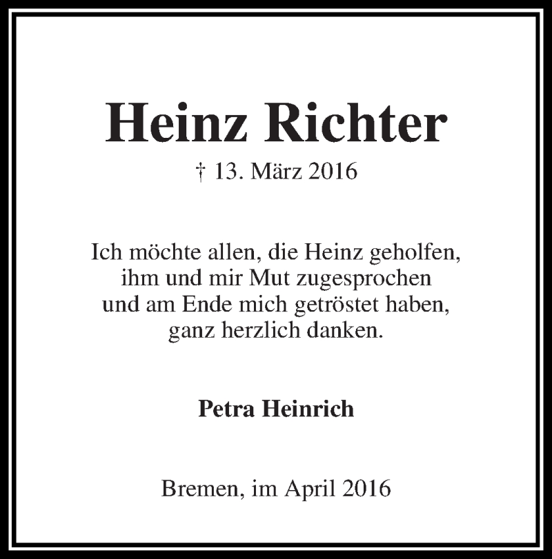 Traueranzeige von Heinz Richter von WESER-KURIER