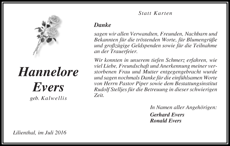 Traueranzeige von Hannelore Evers von Wuemme Zeitung