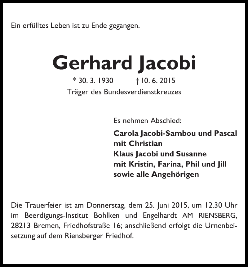 Traueranzeige von Gerhard Jacobi von WESER-KURIER