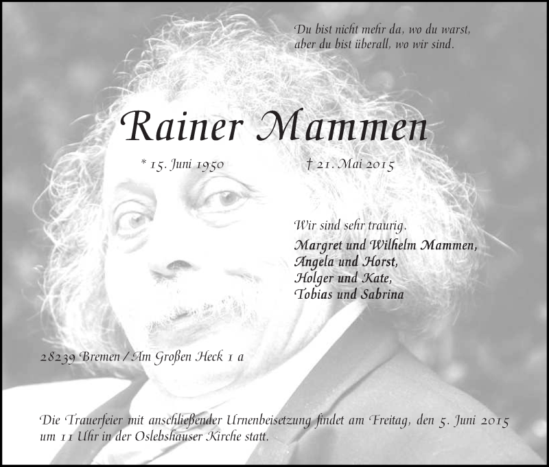 Traueranzeige von Rainer Mammen von WESER-KURIER