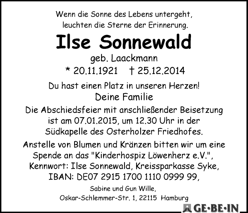 Traueranzeige von Ilse Sonnewald von WESER-KURIER