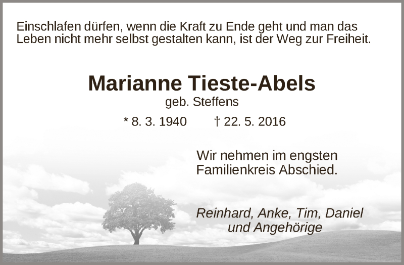 Traueranzeige von Marianne Tieste-Abels von WESER-KURIER