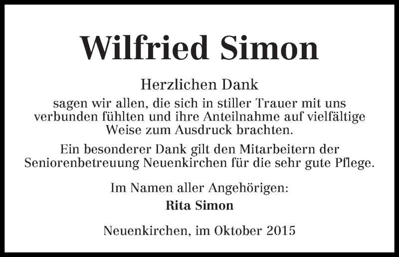 Traueranzeige von Wilfried Simon von Die Norddeutsche