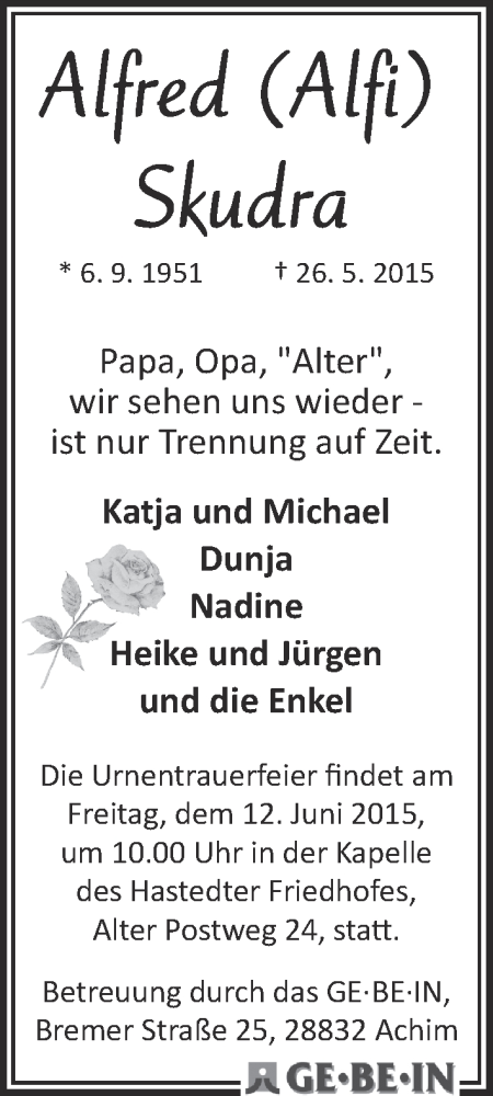Traueranzeige von Alfred (Alfi) Skudra von WESER-KURIER