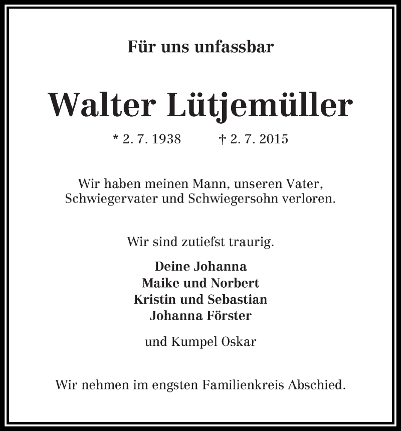 Traueranzeige von Walter Lütjemüller von WESER-KURIER