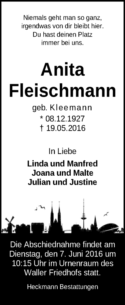 Traueranzeige von Anita Fleischmann von WESER-KURIER
