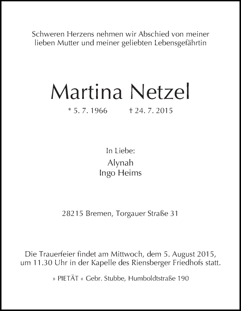 Traueranzeige von Martina Netzel von WESER-KURIER