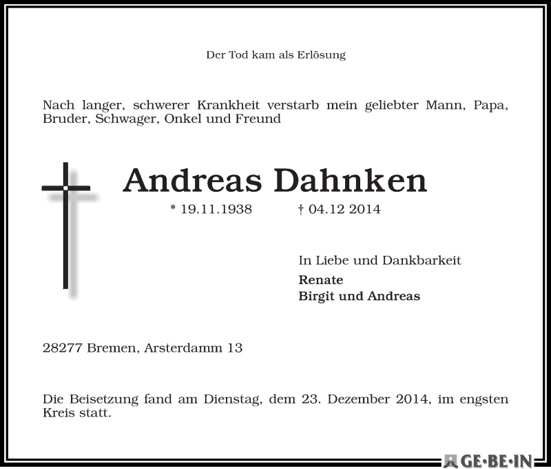 Traueranzeige von Andreas Dahnken von WESER-KURIER
