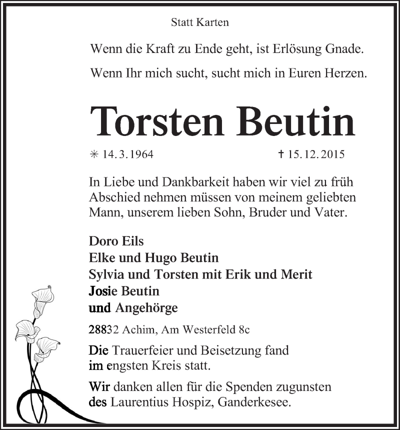Traueranzeige von Torsten Beutin von WESER-KURIER