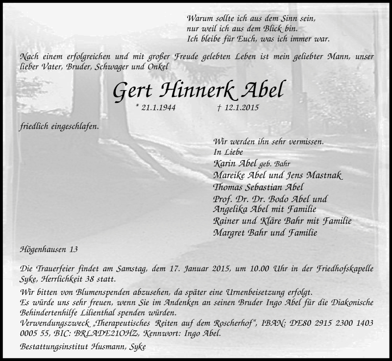 Traueranzeige von Gert Hinnerk Abel von WESER-KURIER