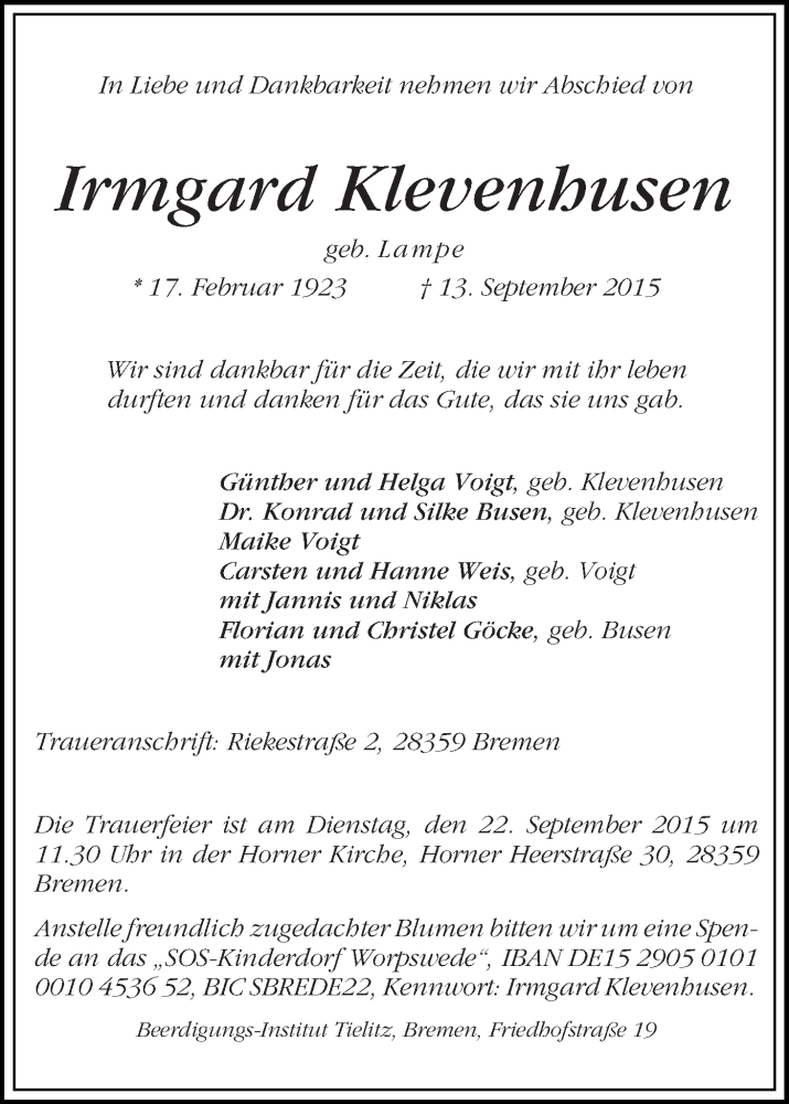 Traueranzeige von Irmgard Klevenhusen von WESER-KURIER