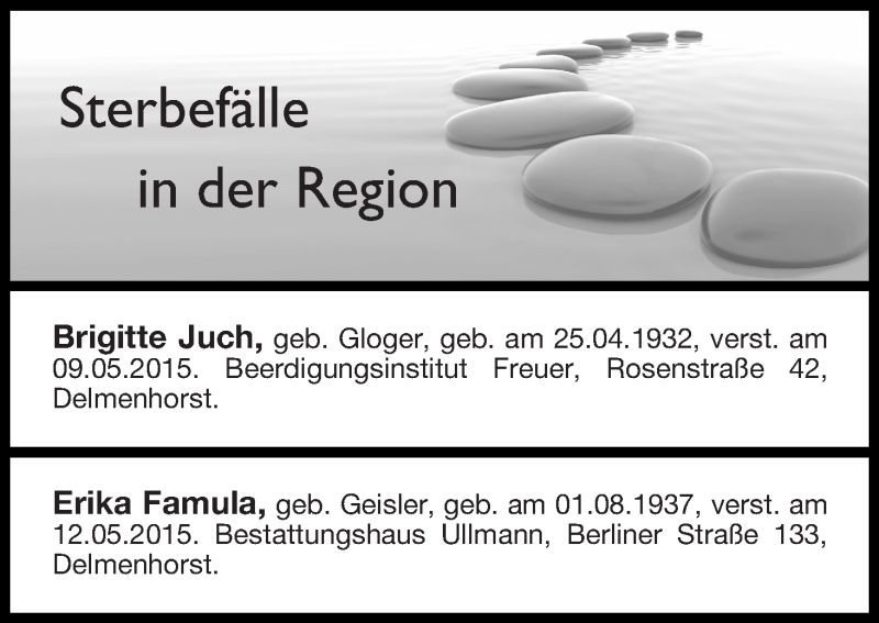 Traueranzeige von Sterbefälle 16.05.2015 Delmenhost von Delmenhorster Kurier