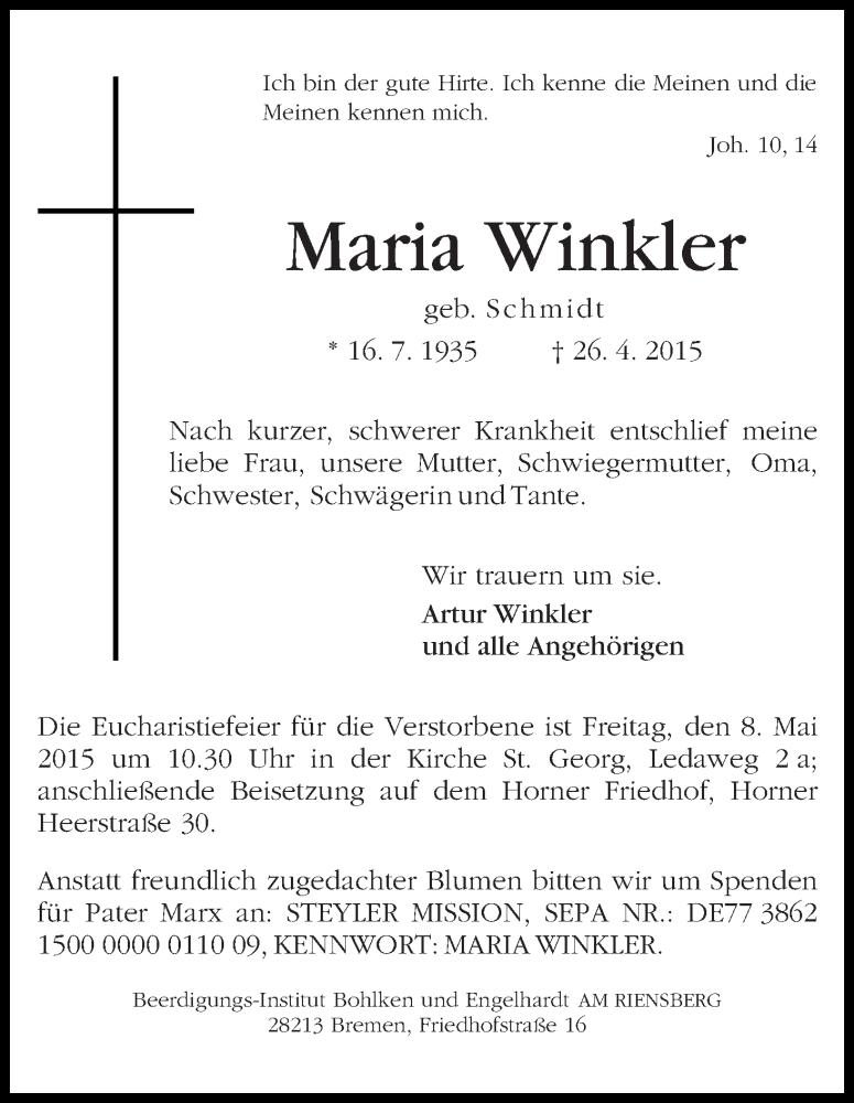 Traueranzeige von Maria Winkler von WESER-KURIER