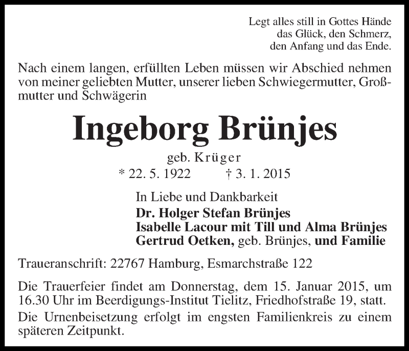 Traueranzeige von Ingeborg Brünjes von WESER-KURIER