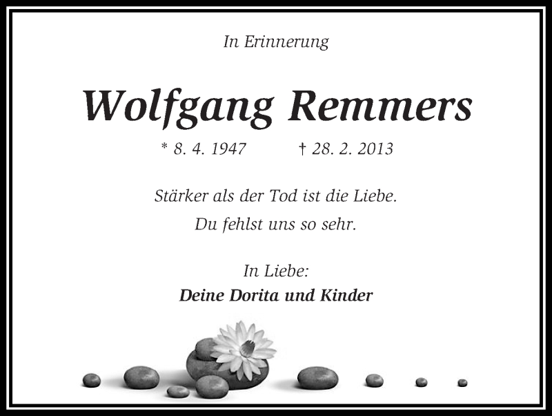 Traueranzeige von Wolfgang Remmers von WESER-KURIER