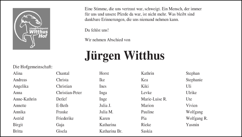 Traueranzeige von Jürgen Witthus von Die Norddeutsche