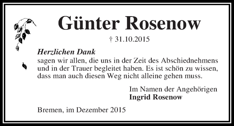 Traueranzeige von Günter Rosenow von WESER-KURIER