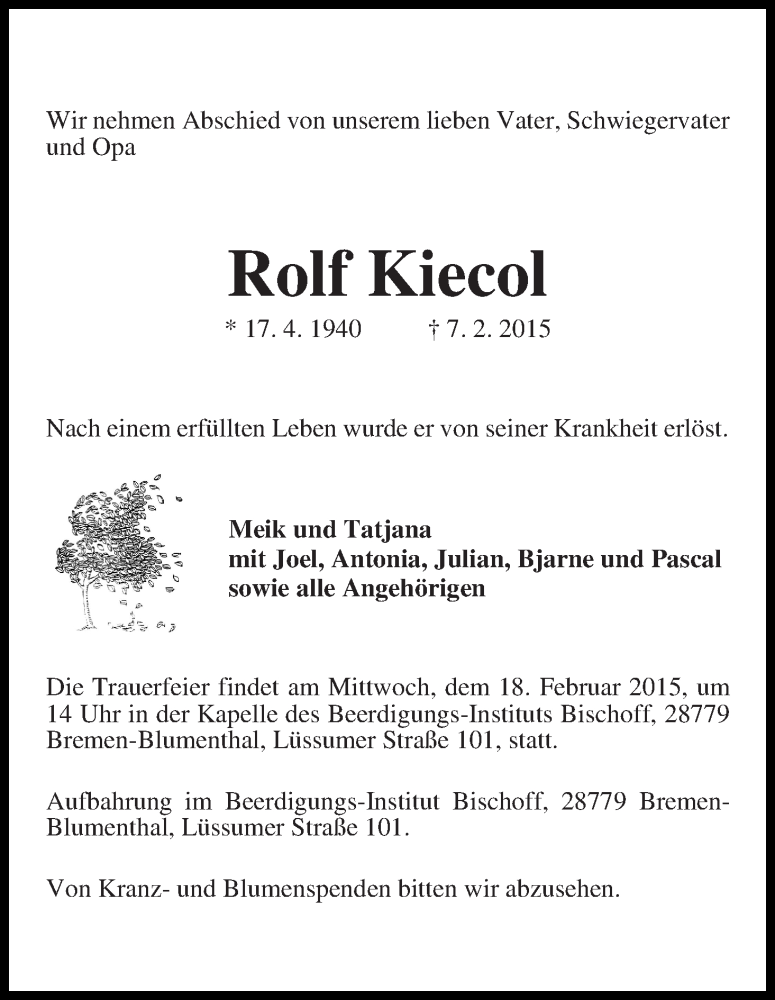 Traueranzeige von Rolf Kiecol von Die Norddeutsche