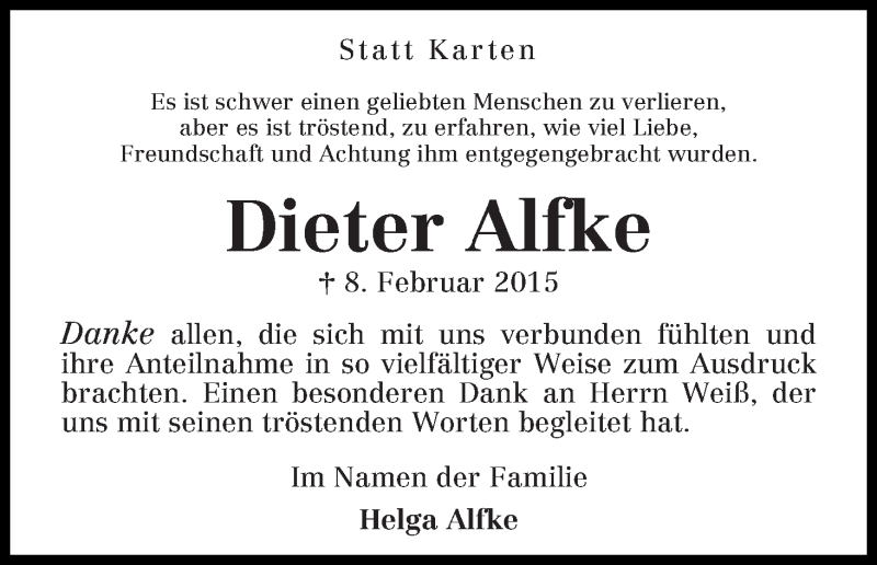 Traueranzeige von Dieter Alfke von WESER-KURIER