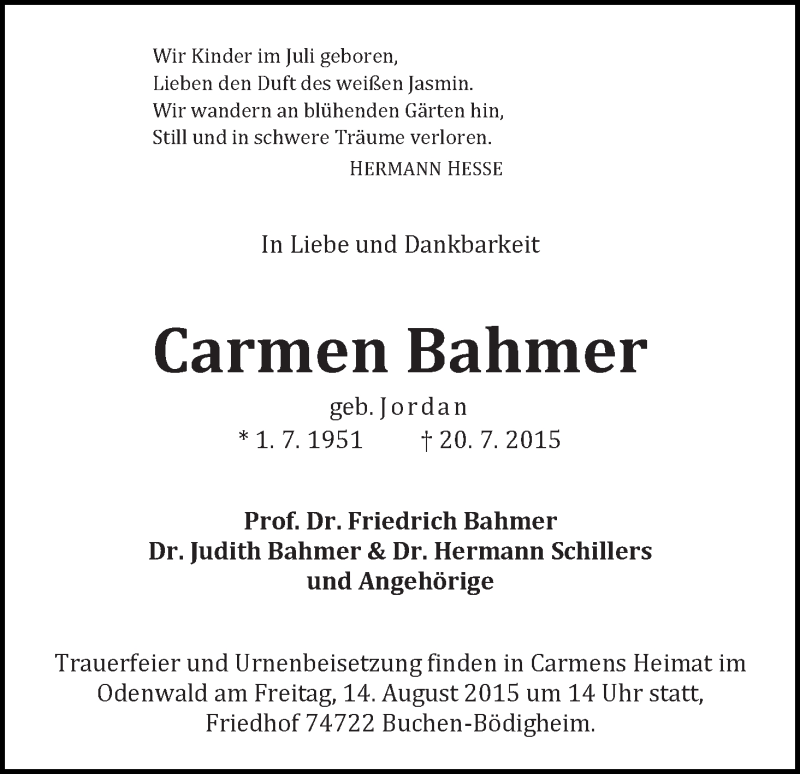 Traueranzeige von Carmen Bahmer von WESER-KURIER