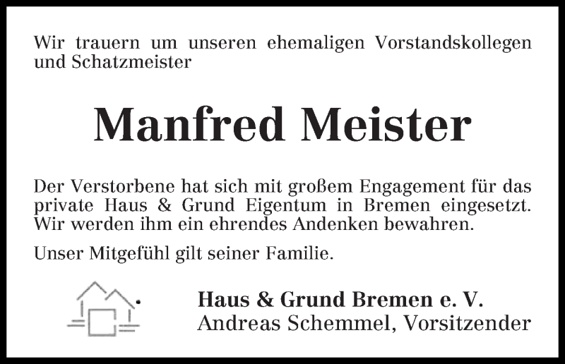 Traueranzeige von Manfred Meister von WESER-KURIER
