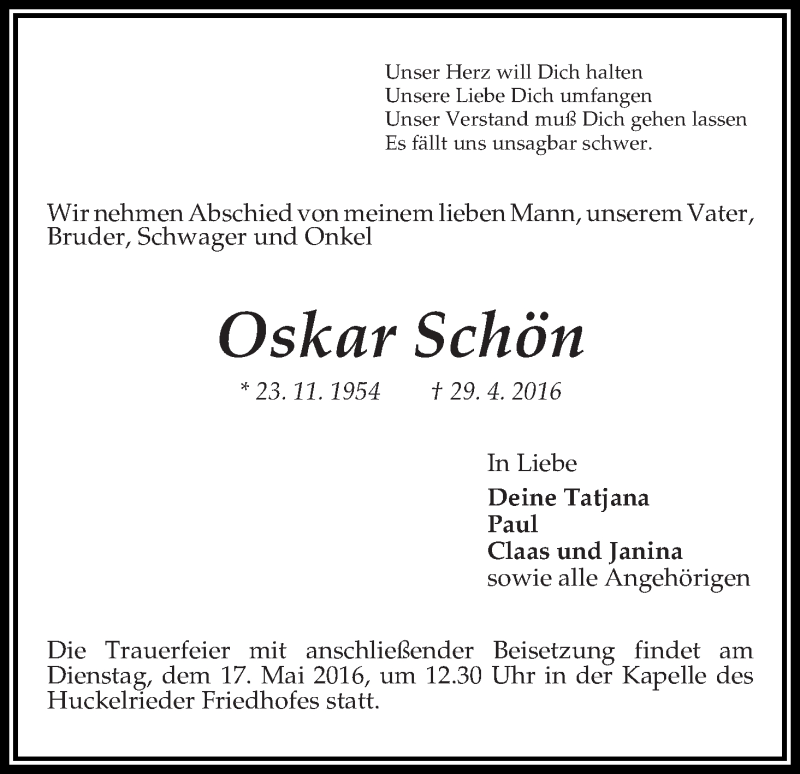 Traueranzeige von Oskar Schön von WESER-KURIER