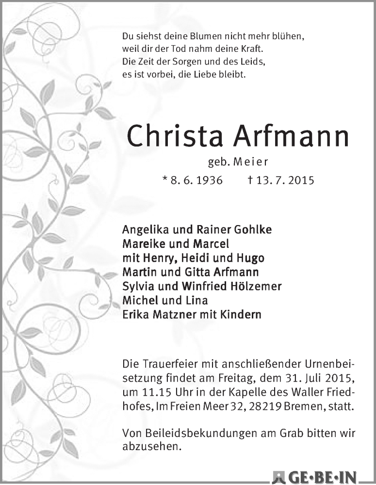 Traueranzeige von Christa Arfmann von WESER-KURIER