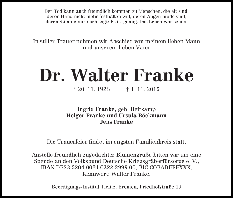 Traueranzeige von Walter Franke von WESER-KURIER