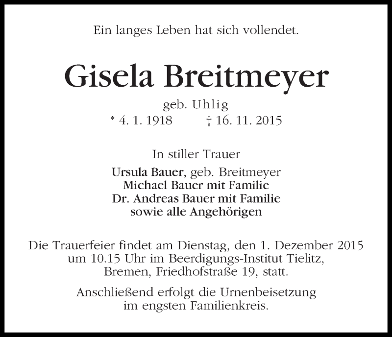 Traueranzeige von Gisela Breitmeyer von WESER-KURIER