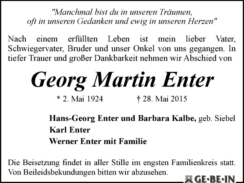 Traueranzeige von Georg Martin Enter von WESER-KURIER