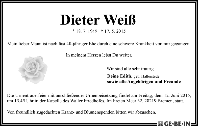 Traueranzeige von Dieter Weiß von WESER-KURIER