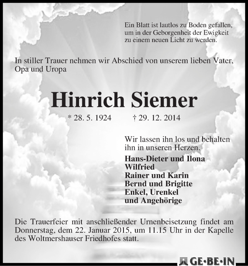 Traueranzeige von Hinrich Siemer von WESER-KURIER