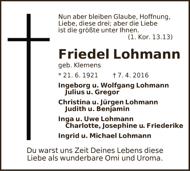 Traueranzeige von Friedel Lohmann von WESER-KURIER