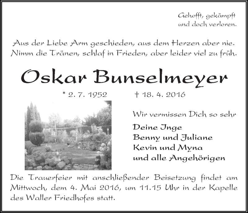 Traueranzeige von Oskar Bunselmeyer von WESER-KURIER