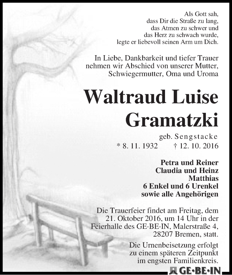 Traueranzeige von Waltraud Luise Gramatzki von WESER-KURIER