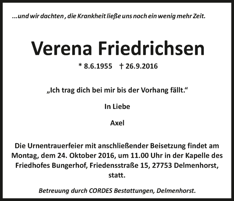 Traueranzeige von Verena Friedrichsen von WESER-KURIER