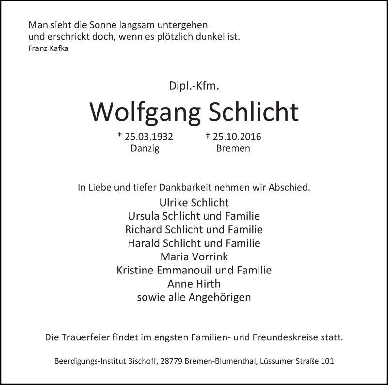Traueranzeige von Wolfgang Schlicht von Die Norddeutsche