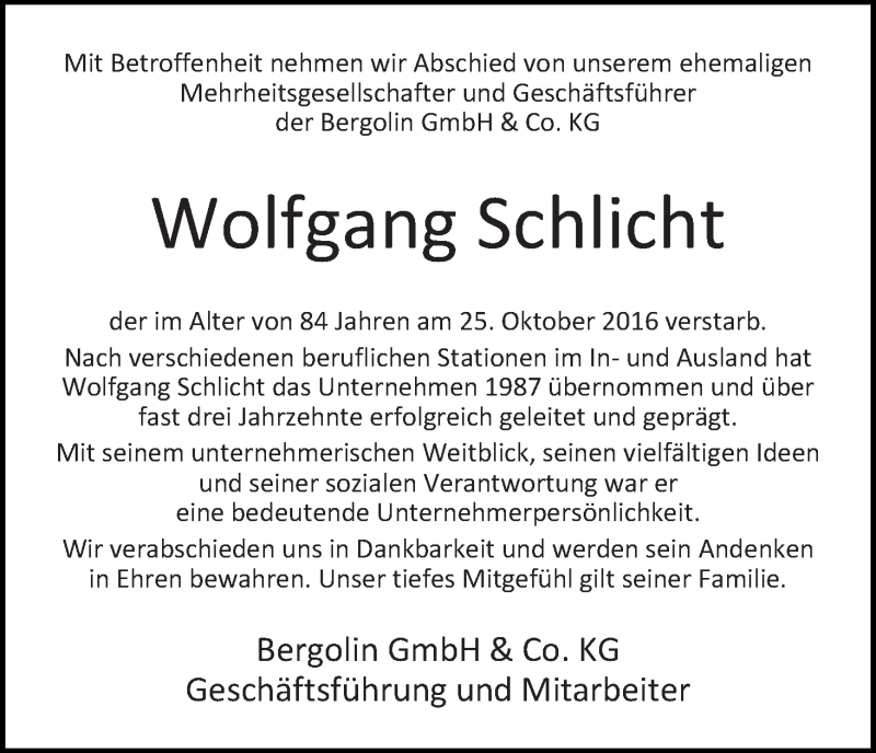 Traueranzeige von Wolfgang Schlicht von Die Norddeutsche
