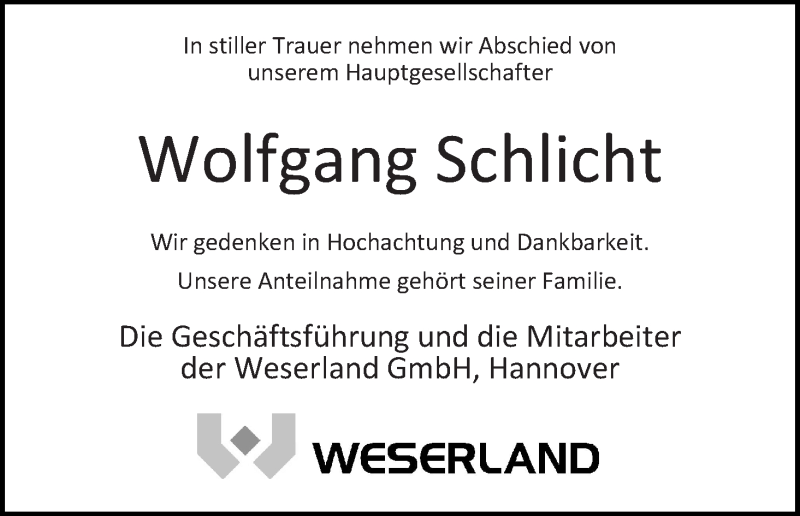Traueranzeige von Wolfgang Schlicht von WESER-KURIER