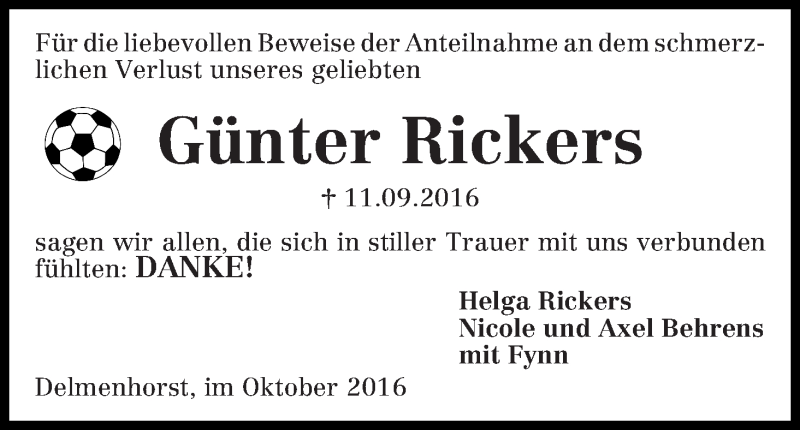 Traueranzeige von Günter Rickers von WESER-KURIER