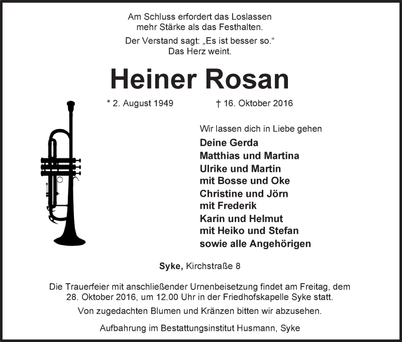 Traueranzeige von Heiner Rosan von Regionale Rundschau/Syker Kurier