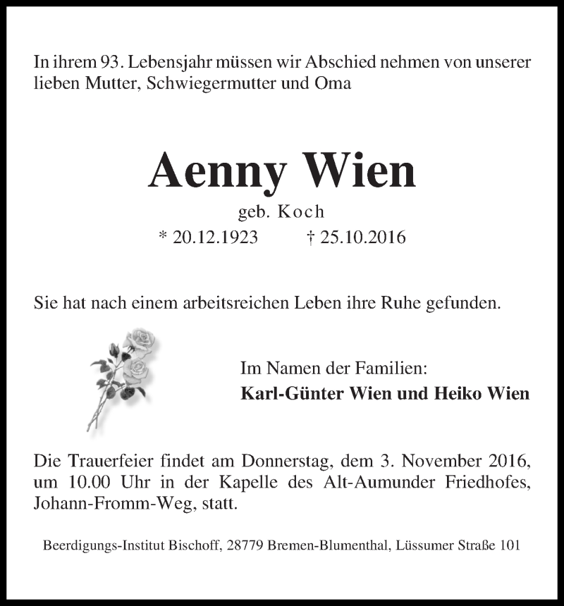 Traueranzeige von Aenny Wien von Die Norddeutsche