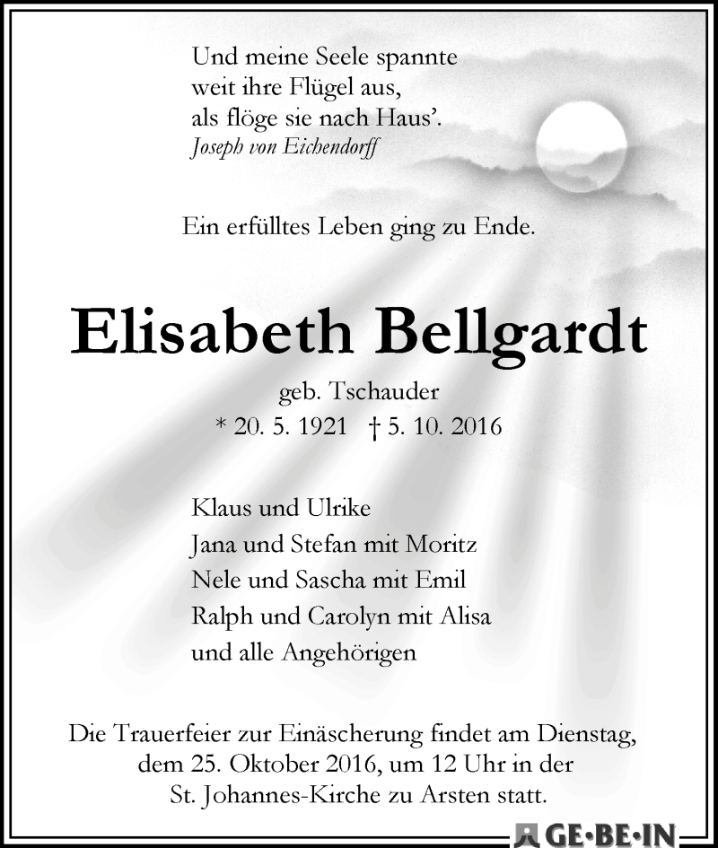 Traueranzeige von Elisabeth Bellgardt von WESER-KURIER