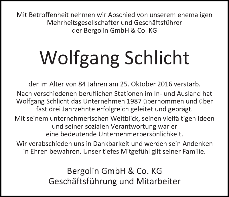 Traueranzeige von Wolfgang Schlicht von WESER-KURIER