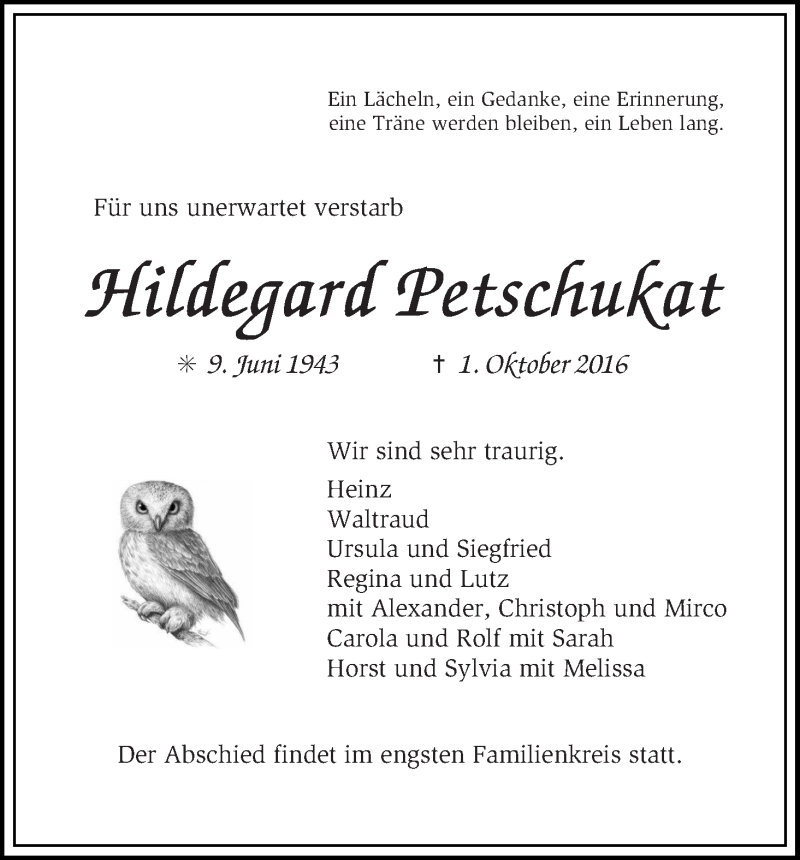 Traueranzeige von Hildegard Petschukat von WESER-KURIER