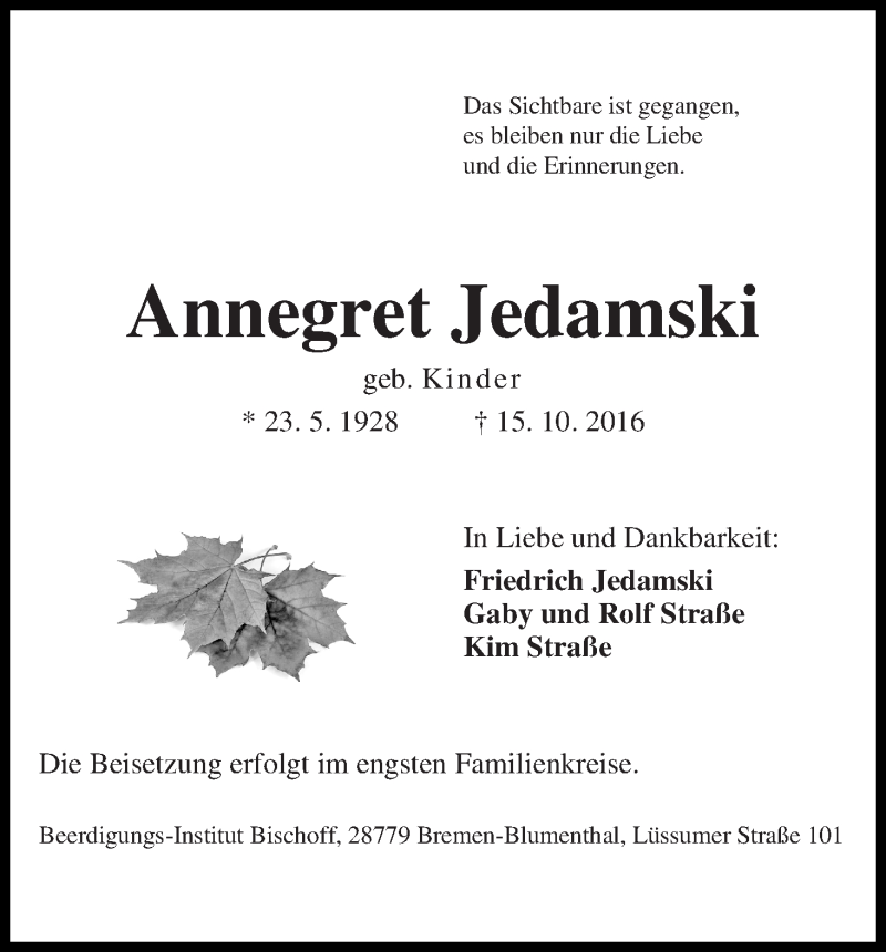 Traueranzeige von Annegret Jedamski von Die Norddeutsche